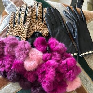 Leather Leopard gloves and Black Leather Gloves Pink rabbit Fur scarves 🧣